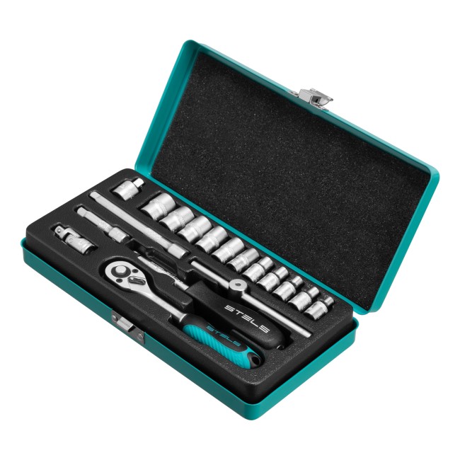 Набор торцевых головок с трещоткой, 1/4" 18 предметов Stels Набор торцевых головок с трещоткой, 1/4" 18 предметов Stels